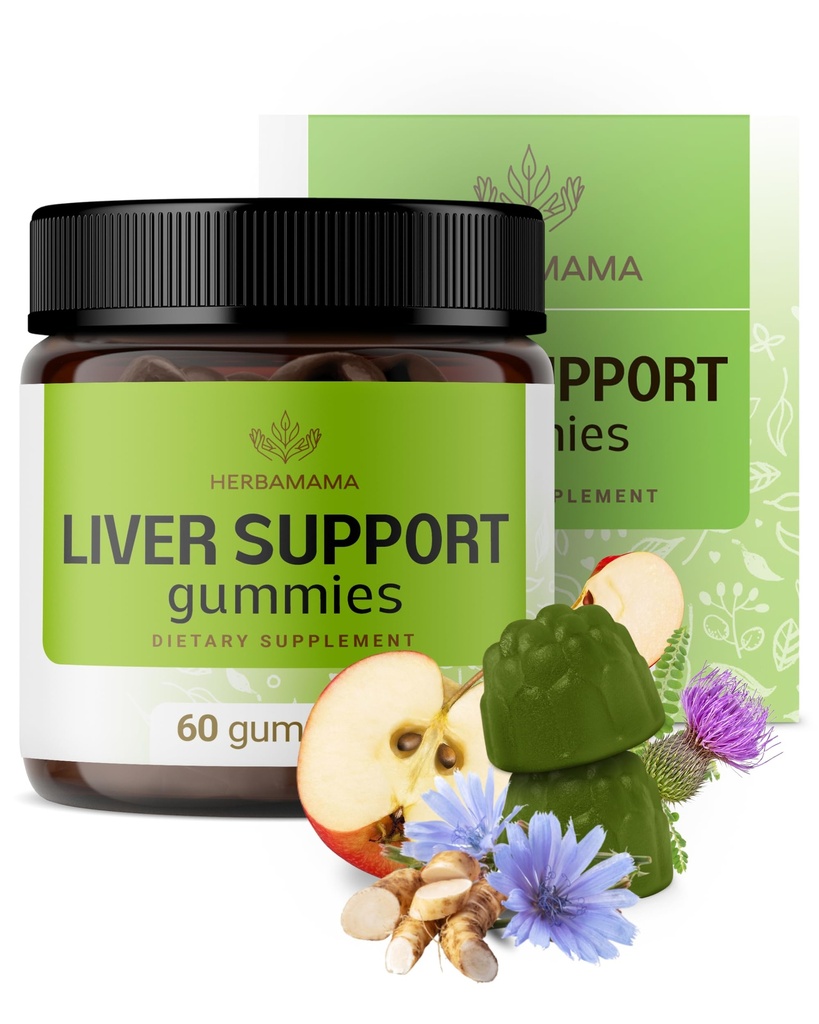 HERBAMAMA Liver Support Gummies - Βότανο Complex για το συκώτι Detox και Cleanse - Vegan, μη ΓΤΟ συνολικό συμπλήρωμα υποστήριξης - 60 Pectin-based Apple-Flavored Chews
