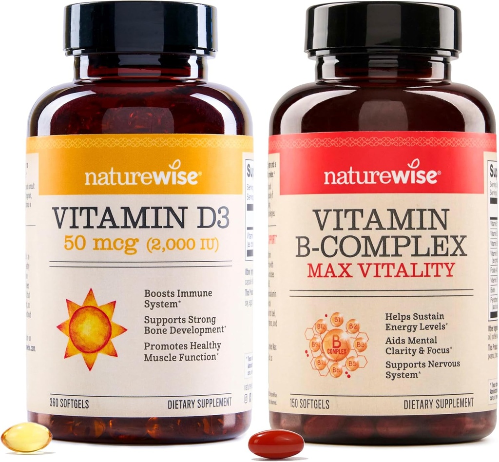 NatureWise Vitamin D3 2000iu 360 Kont ve Vitamin B Kompleksi 150 Yumuşakgel - Sağlıklı Kas Fonksiyonu, Immune Support, Hücre Enerji, Zihinsel Clarity