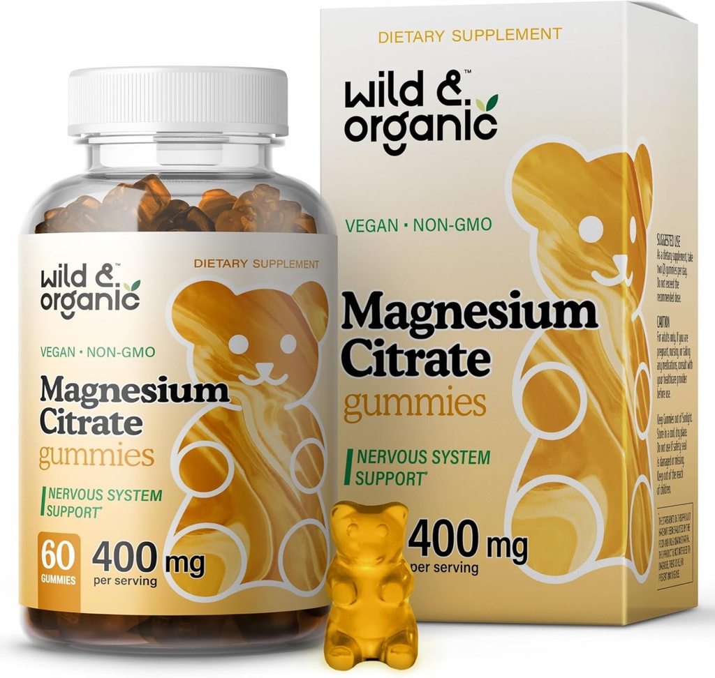 Wild & Organic Magnezyum Citrate Gummies 400 mg - Calm ve Mood için Chewables - Calming Magnezyum Citrate Supplement - 60 Vegan, Non-GMO Toz Esas Chews