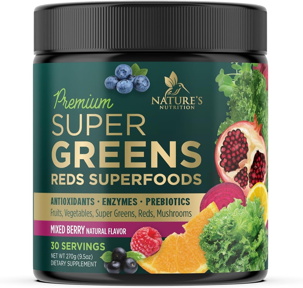 Greens Superfood Toz İçecek Mix - Green Supplements Meeting for Energy & Gut Health - Organik Buğday Grass, Spirulina, Chlorella, Digestive Enzymes Antioksi & Fiber Berry Flavor, 30 Hizmetler