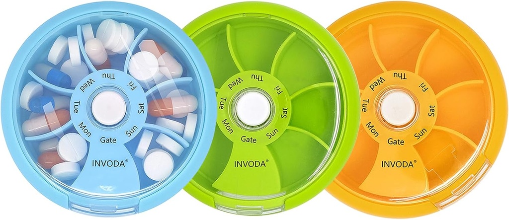 INVODA Weekly Pill Organizer 7 Διαμέρισμα Περιστρεφόμενο Χάπια για Καθημερινή Φάρμακα & Βιταμίνες - Portable Travel Pill Υπόθεση Fish Oil Συμπληρώματα Βιταμίνες Organizer (Green+Sky Blue+Orange)