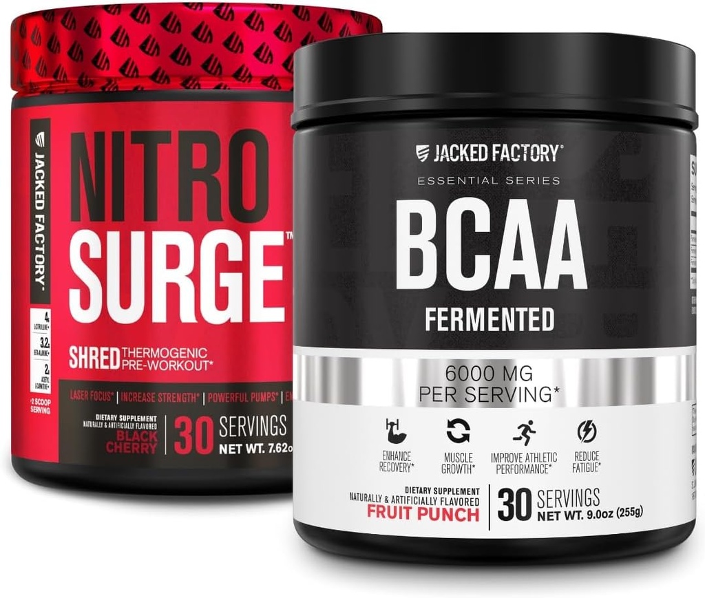 Jacked Factory Nitrosurge Ked Thermogenic Pre-Workout in Black Cherry & BCAA in Fruit Punch for Body Recomposition, Muscle Building and Recovery