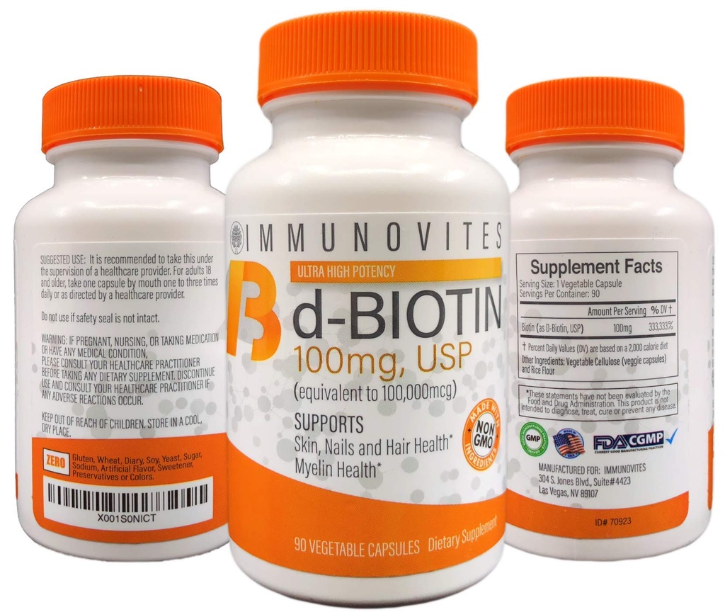 IMMUNOVITES 3Pack High Dose Biotin (örneğin d-Biotin, USP) 100 mg ( 100.000 mcg'ya eşdeğer) 90 Capsules, High Potency (3)