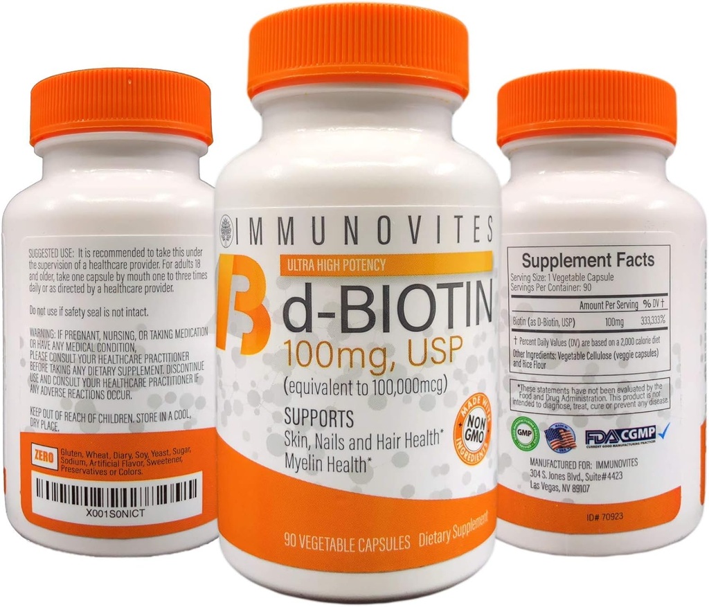 IMMUNOVITES 3Pack High Dose Biotin (örneğin d-Biotin, USP) 100 mg ( 100.000 mcg'ya eşdeğer) 90 Capsules, High Potency (3)