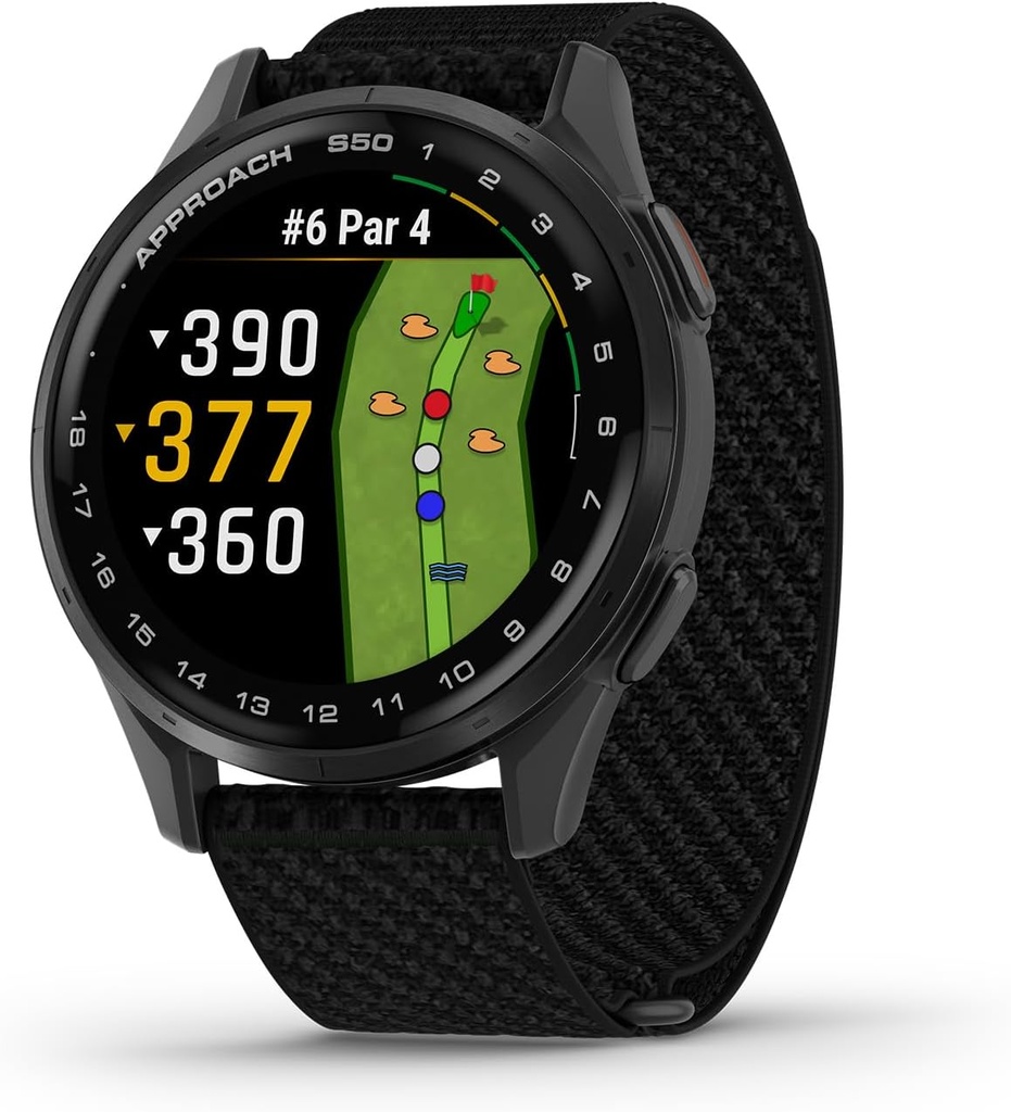 Garmin Approach® S50, Advanced Golf GPS Smartwatch, AMOLED Ekran, On-, Özellikler, Bile-Based Heart Rate, Slate alüminyum Bezel ile Black ComfortFit