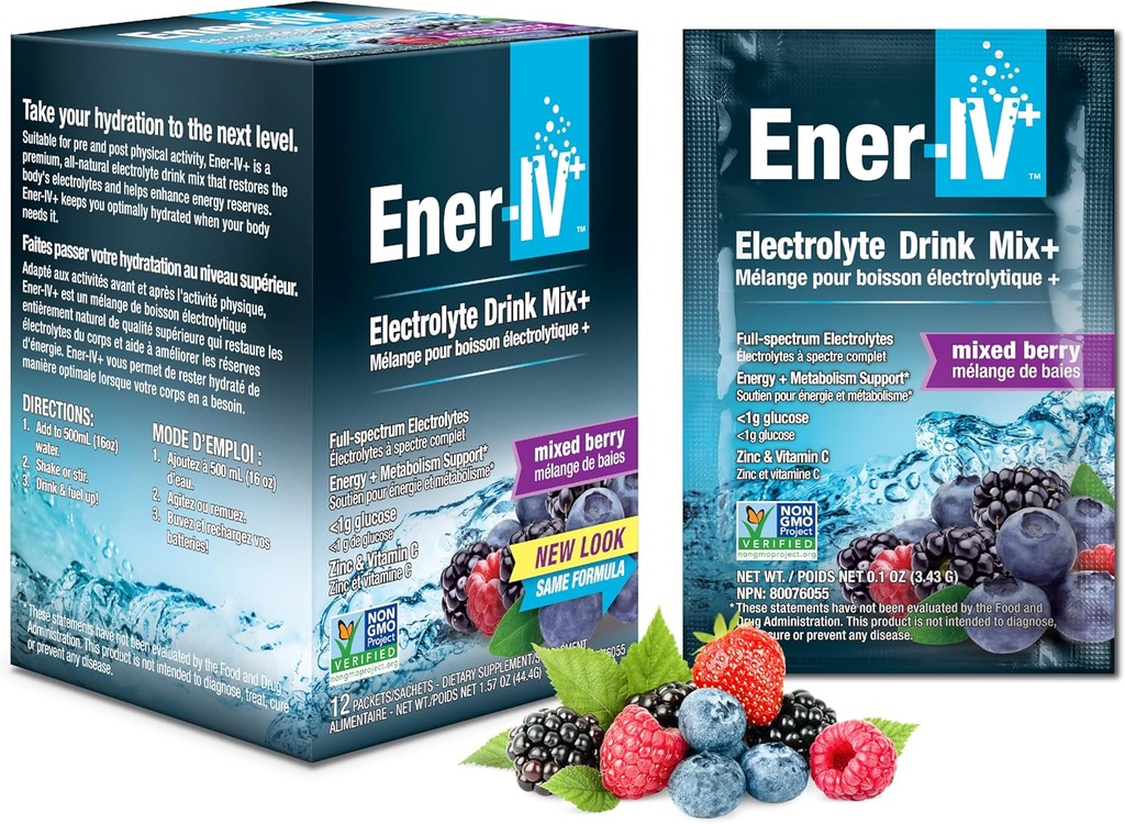Ener-IV Electrolyte Hydration & Energy Drink Pids Vitamin C & çinko Elektrolytes Toz Paketleri - Kas Recovery & Immunity Sports Drinks for Women & Men Low Sugar Vegan, Karma Berry - 12 Count