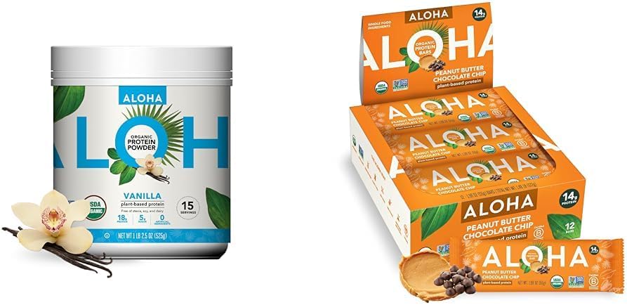 ALOHA Organik Bitki Tabanlı Protein Toz Vanilla 19.6oz, Protein Bars Peanut Butter Chocolate Chip 1.98oz 12 Paket