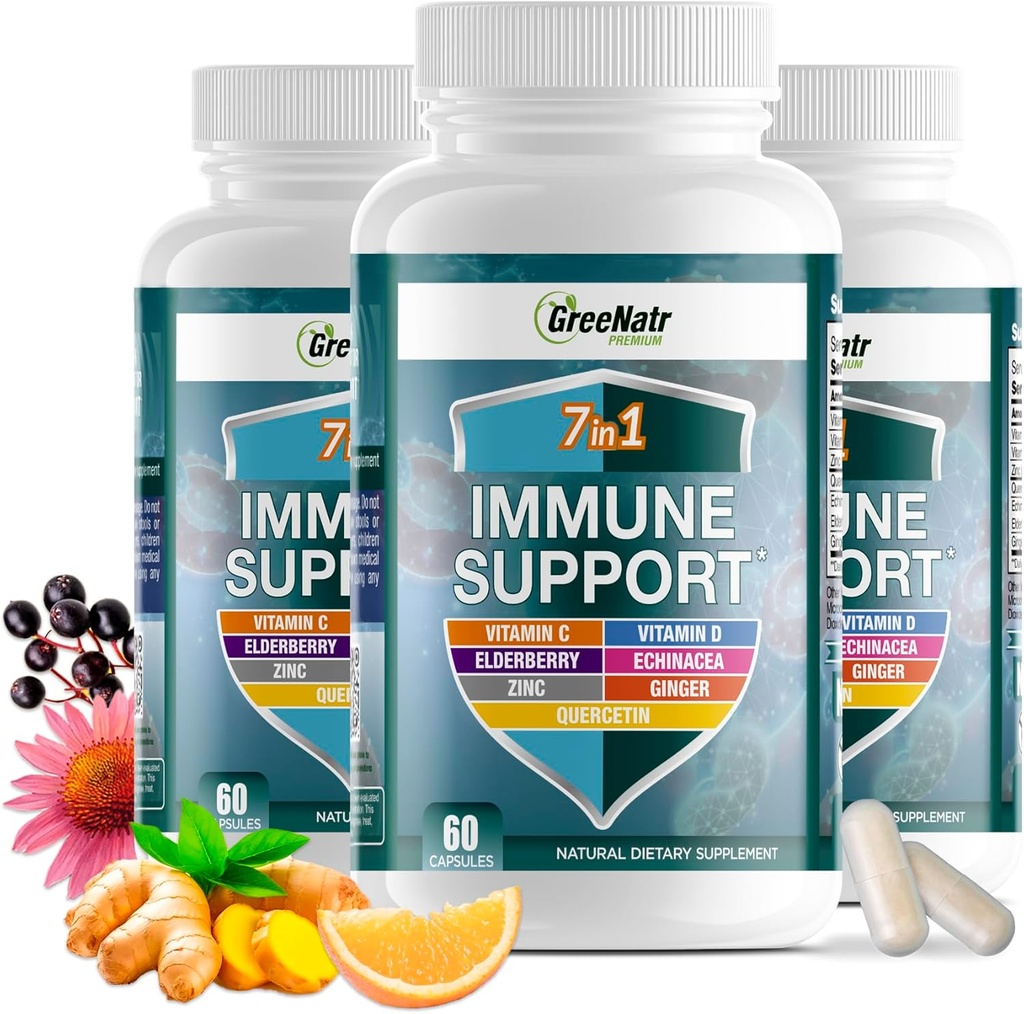 GreeNatr Immune Support Supplement with Vitamin C, D3, çinko 50mg, Quercetin, Echinacea Purpurea, Sambucus Elderberry and Ginger for Complete Immune Defense - 60 Capsules (3 Şişeler)