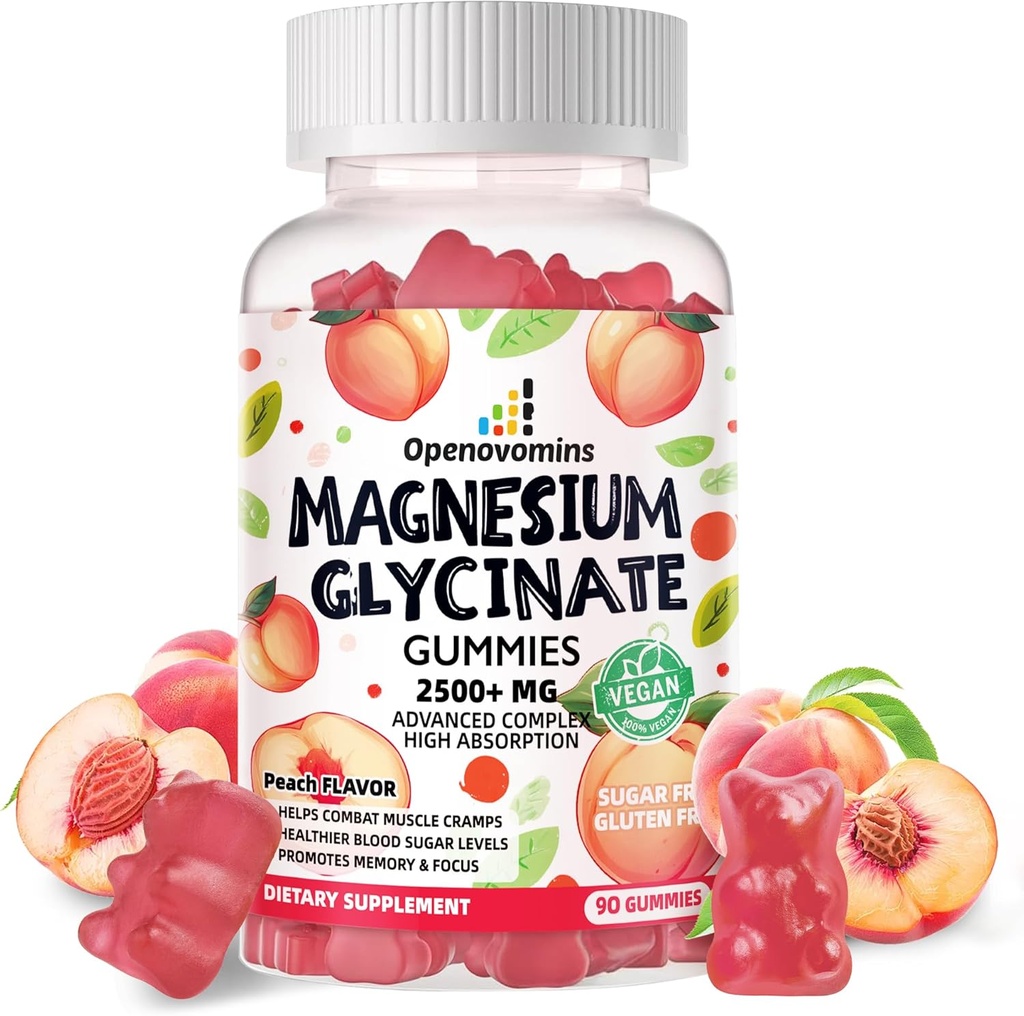 Γλυκινικό Μαγνήσιο Glycinate Gummies 2500mg - Συμπλήρωμα μαγνησίου χωρίς ζάχαρη με βιταμίνη D, B6, CoQ10 για υποστήριξη ηρεμίας & ύπνου - 90 Ροδάκινα Gummies