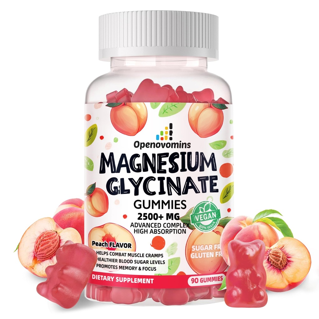 Γλυκινικό Μαγνήσιο Glycinate Gummies 2500mg - Συμπλήρωμα μαγνησίου χωρίς ζάχαρη με βιταμίνη D, B6, CoQ10 για υποστήριξη ηρεμίας & ύπνου - 90 Ροδάκινα Gummies
