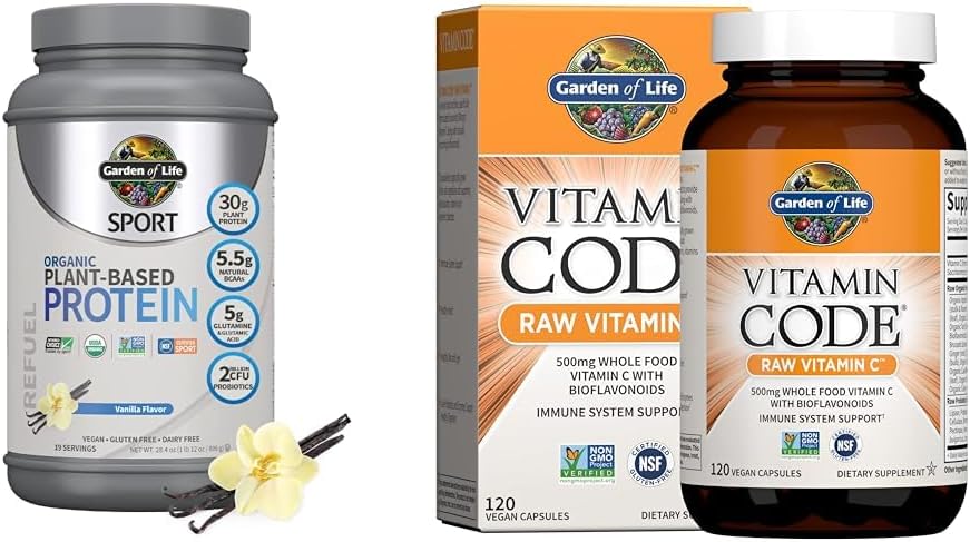 Garden of Life Organic Vegan Sport Protein Powder, Vanilla, 30g - Probiotics, BCAAs for Post Workout Recovery 19 Servings + Raw Vitamin Code Vitamin C, 120 Veg Capsules