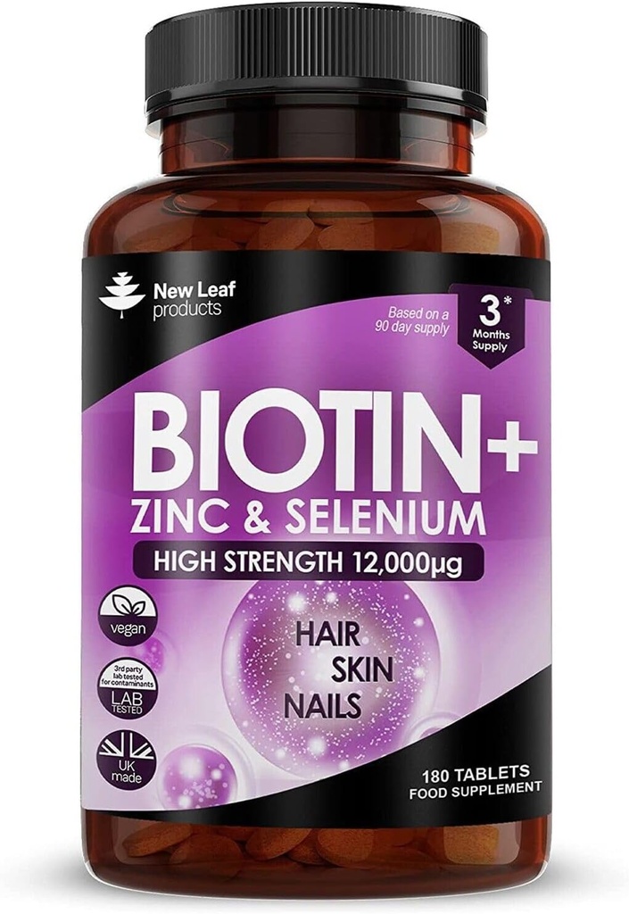 Biotin Saç Büyüme Vitaminleri 12000 Arasındaki Yüksek Güç - Sağlıklı Saç Cilt ve Çiçeği - Kadın ve Erkekler Vegan için Biotins, Gluten Free Supplements - İngiltere'de Yeni Yapraklar Tarafından Yap