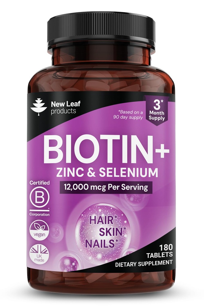 Biotin Saç Büyüme Vitaminleri 12000 Arasındaki Yüksek Güç - Sağlıklı Saç Cilt ve Çiçeği - Kadın ve Erkekler Vegan için Biotins, Gluten Free Supplements - İngiltere'de Yeni Yapraklar Tarafından Yap