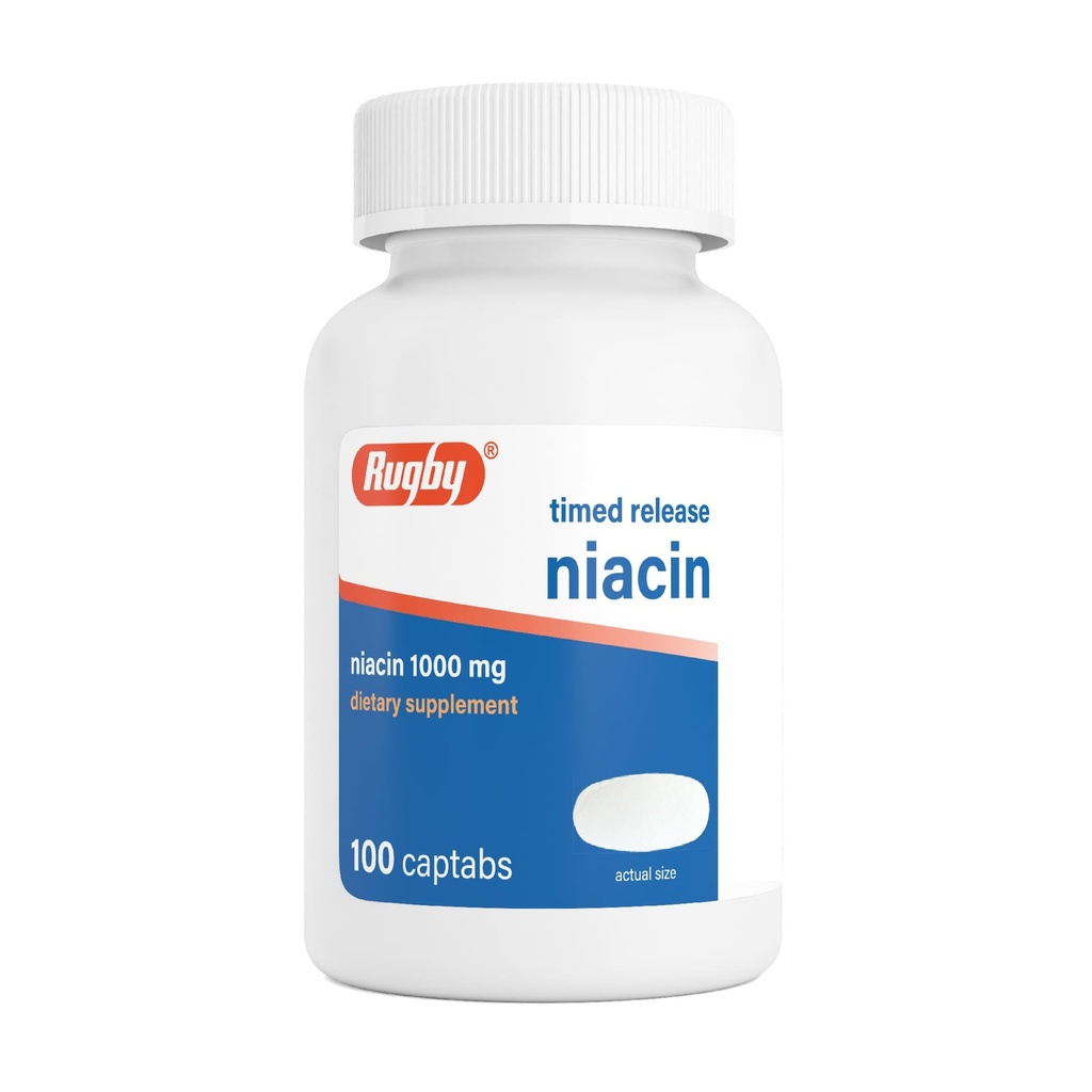 Rugby Timed-Release Niacin 1000mg Συμπλήρωμα διατροφής για ενήλικες για την ενέργεια, την κυκλοφορία και την υποστήριξη του μεταβολισμού, 100 Captabs (πακέτο του 1)