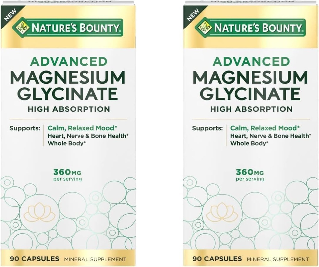 Nature's Bounty High Abxia Glycinate, Calm & Relaxed Mood, Heart, Nerves, Muscle & Bone Health Support, 90 Capsules (Pack of 2)