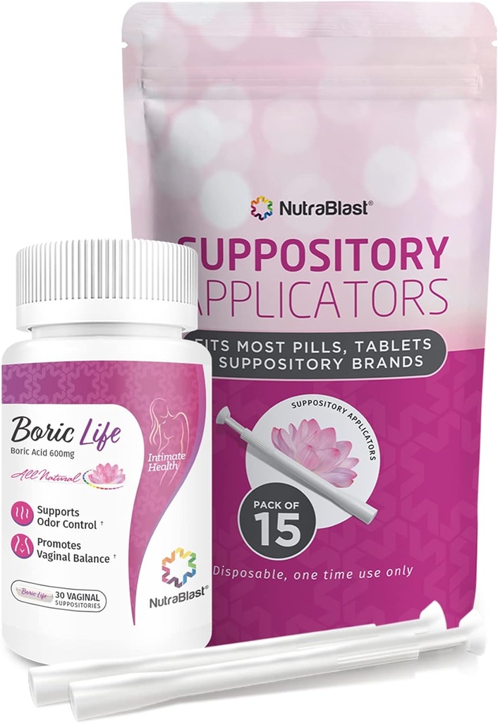 NutraBlast Boric Acid Vaginal Suppositories 600 mg Sche with Applicator, 30 Suppositories & 15 Applicators - Feminine Care - Made in USA