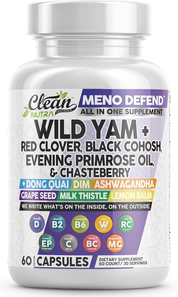 Temiz Nutra Wild Yam Root Capsules with Red Clover Black Cohosh Evening Primrose Oil Chasteberry Dong Quai DIM Ashwagandha Grape Tohumu Butle Lemon Balm ve Kadınlar için Daha Fazla Hormon Dengesi