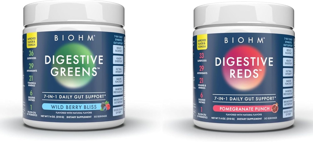 BIOHM Essential Bundle, Digestive Reds and Greens, Superfood Powder, Antioxidants, Vitamins, Probiotics, Digestive Health for Men and Women, Digestion Supplement with Enzymes, 30 Servings Κάθε ένα