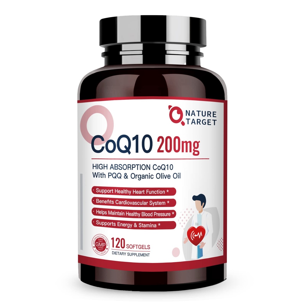NATURE TARGET CoQ10-200mg-Softgels + PQQ με Organic-Olive-Oil - Υψηλής Απορρόφησης-Συνένζυμο-Q10 - Αντιοξειδωτικό-για-Καρδιά-Υγεία και Ανοσολογική Υποστήριξη, Παραγωγή Ενέργειας, 120 Υπηρεσίες