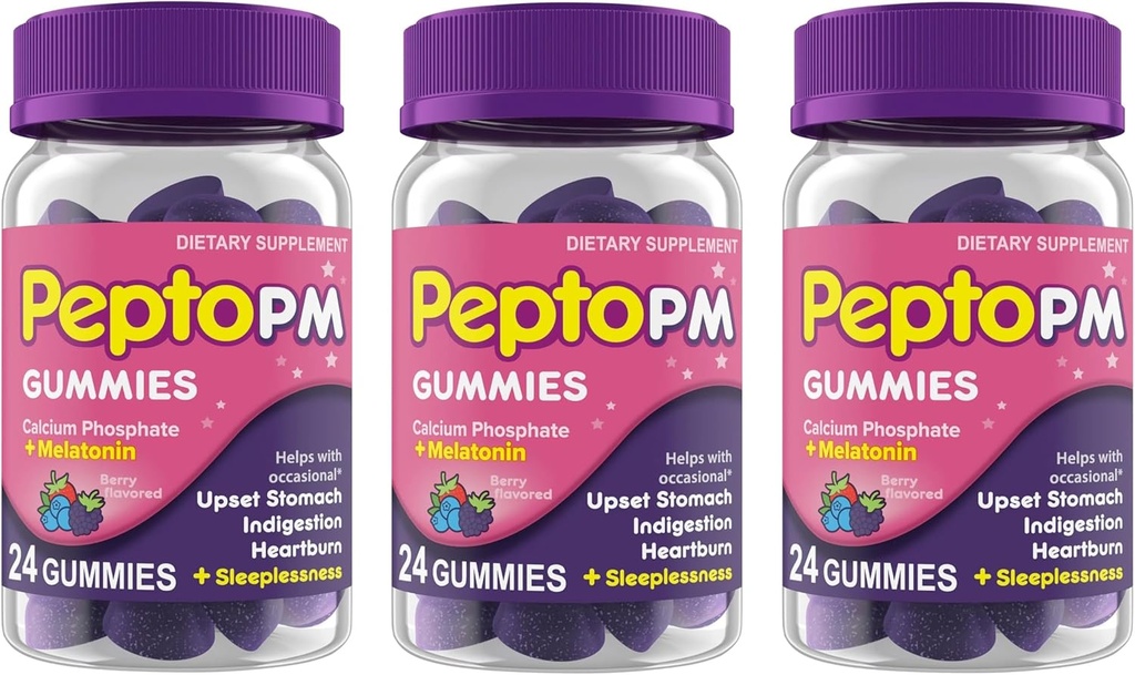 Pepto PM Gummies with Melatonin for Sleep Support, Fast and effective Digestive Relief from Heartburn, Indigestion, Upset Stomach ve Uykusuzluk - Berry Flavor, 24 Ct (Pack of 3)