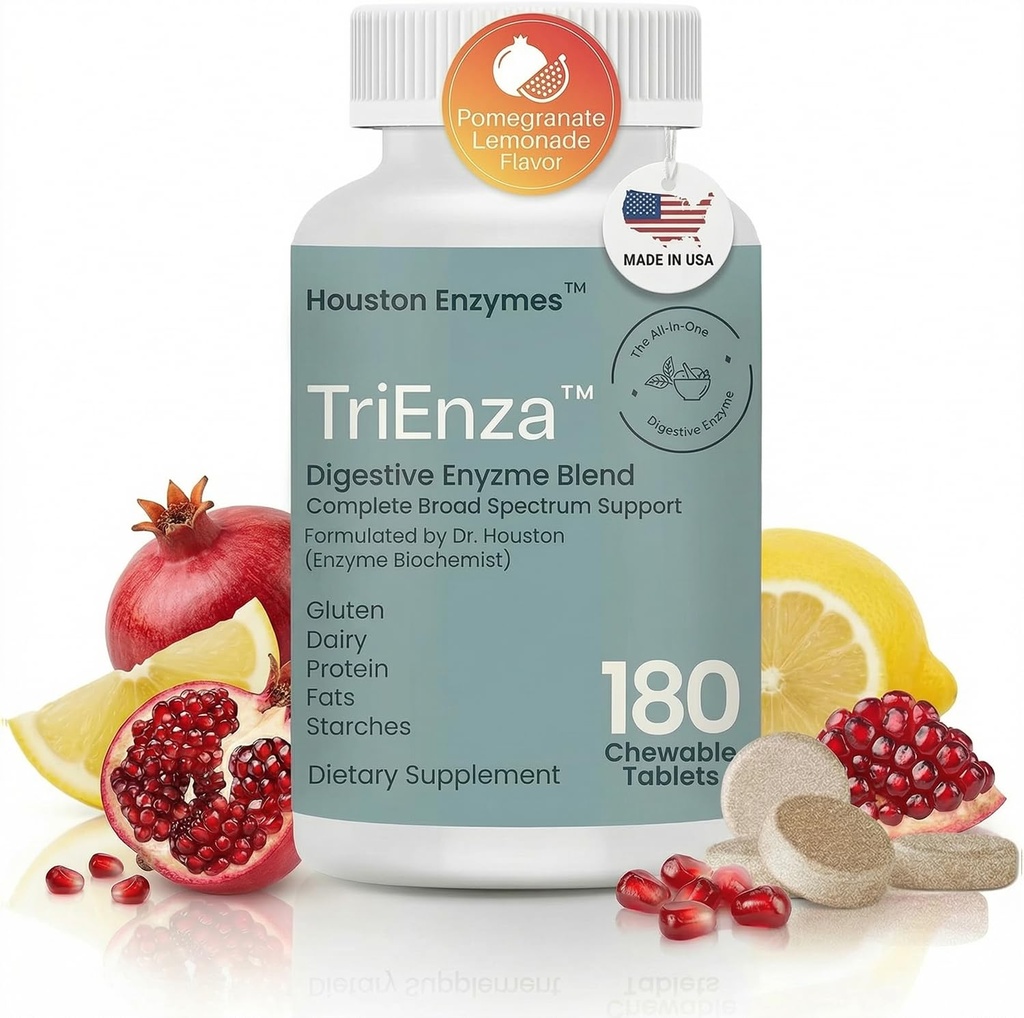 Houston Enzymes TriEnza - Gluten, Casein, Soy, Proteinler, Carbohidratlar, Fats & Polyols - Kadınlar ve Erkekler için Enzymes (180 Chewable Tabletler)