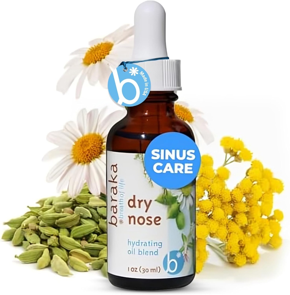 Baraka Kuru Nose Nasal Oil – Organik Temel Petroller (Cardamom, Everlast, Alman ve Roma Chamomile) Sesame Oil Base - Hydrating Nose Moisturizer for Kuru Sinuses - 1 Pack (1 oz Dropper Şişe)