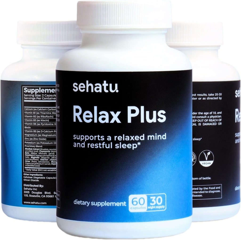 Relax Plus Stress Relief Supplement | with GABA, L-Theanine, Ashwagandha, Valerian Root | Supports A Relaxed Mood and Restful Sleep | 60 Count | 30 Day Supply