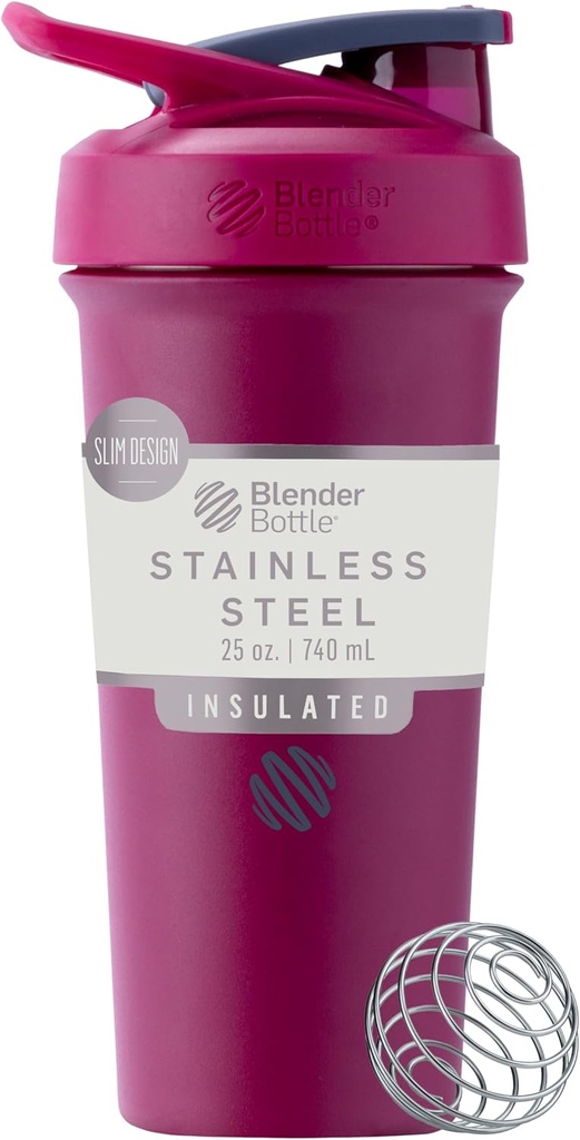 BlenderBottle Sport Sleek Insulated Stainless Steel Shaker Bottle with Wire Whisk, 25-Ounce, Raspberry – Protein Shakes & Hydration for Athletes & Fitness Enthusiasts, Easy Mixing, Slim Easy to Hold, Keeps Drinks Cold, Lockable Lid