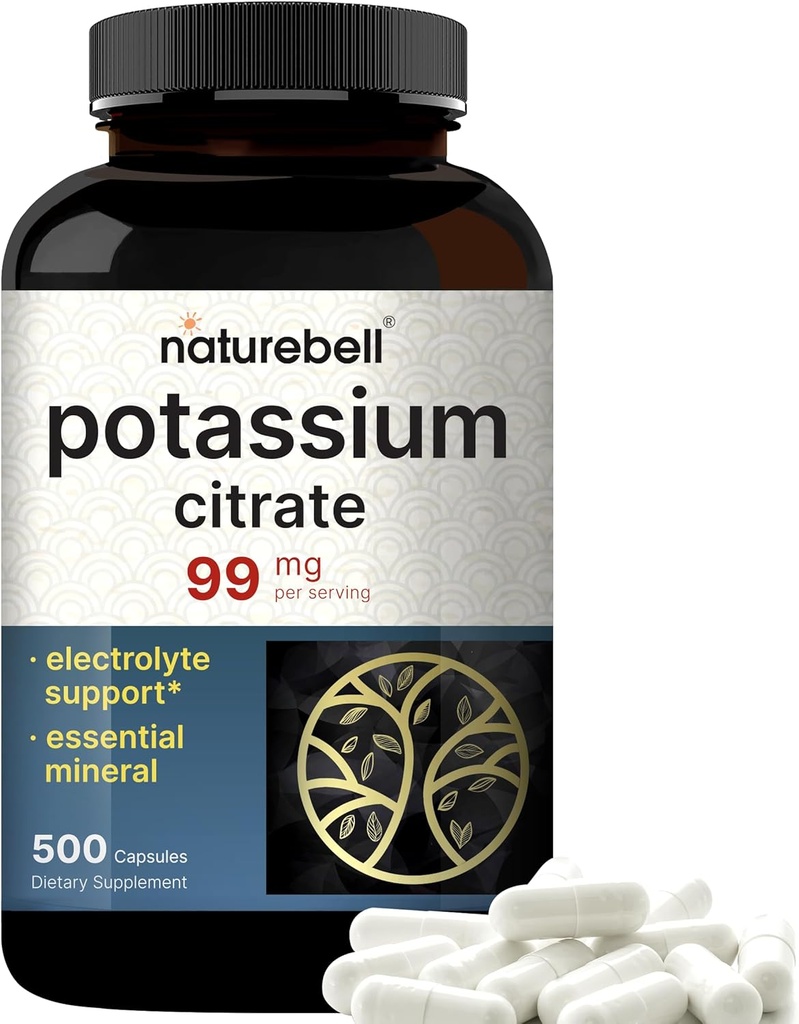 Potasyum Citrate Supplement 99 mg, 500 Capsules | Easy Absorbed Chelated Form – Essential Mineral Electrolyte Balance – Supports Muscle, Bone, & Heart Health – Non-GMOMO
