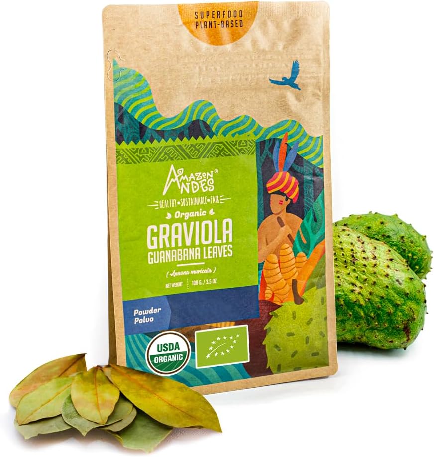 Andes Graviola Φύλλα σκόνης Anonna muricata - Πλούσια σε βιταμίνη C & Ίνες - Διεγέρτης ανοσοποιητικού συστήματος - USDA NOP συμπλήρωμα - Soursop - Χωρίς γλουτένη, Vegan, & Non GMO - 100gm / 3.5oz (20 Serving)