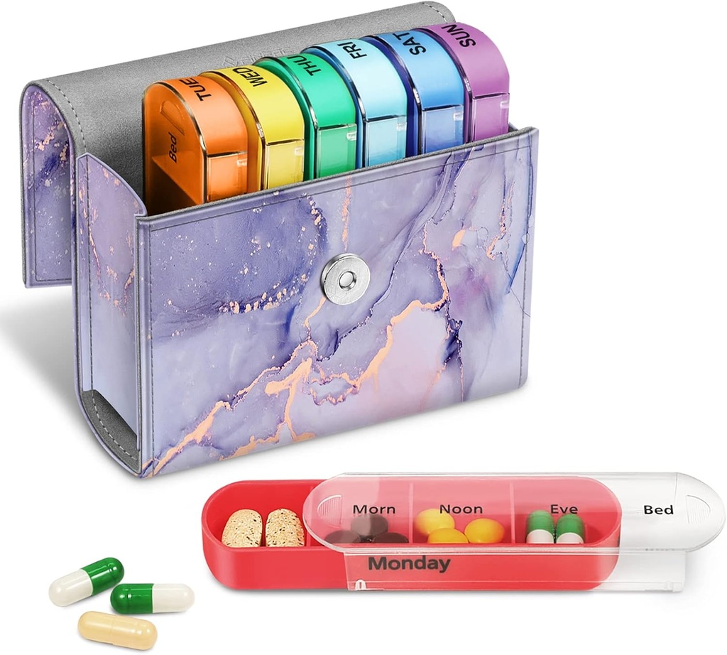 FINPAC Weekly Pill Organizers 4 Times A Day, Slide Open PU Deri Case Travel Pill Vitamin Tıp Hatırlatma ve Sabah için Name Card for Morning / Afternoon| Evening| Bedtime (Lilac Mermer)