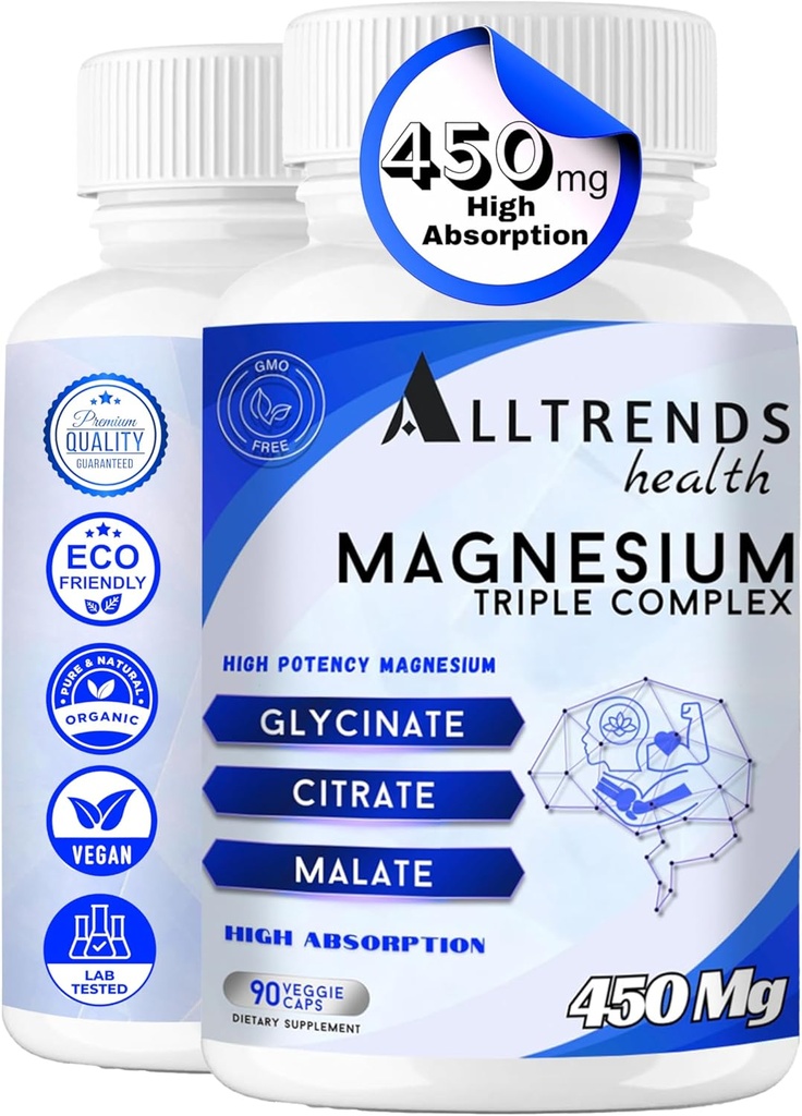 Triple Complex | High Potency 450mg of Magnezyum Glycinate, Malate & Citrate | High Abors | Non-GMO, Gluten Free, Soy Free, Vegan | 90 Capsules.