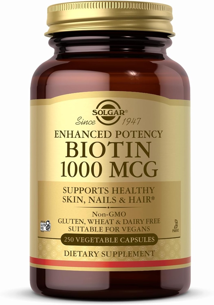 Solgar Biotin 1000 mcg - 250 Sebze Kapsülleri - Sağlıklı Skin, Nails & Hair - Non-GMO, Vegan, Gluten Free, Dairy Free, Kosher - 250 Hizmet