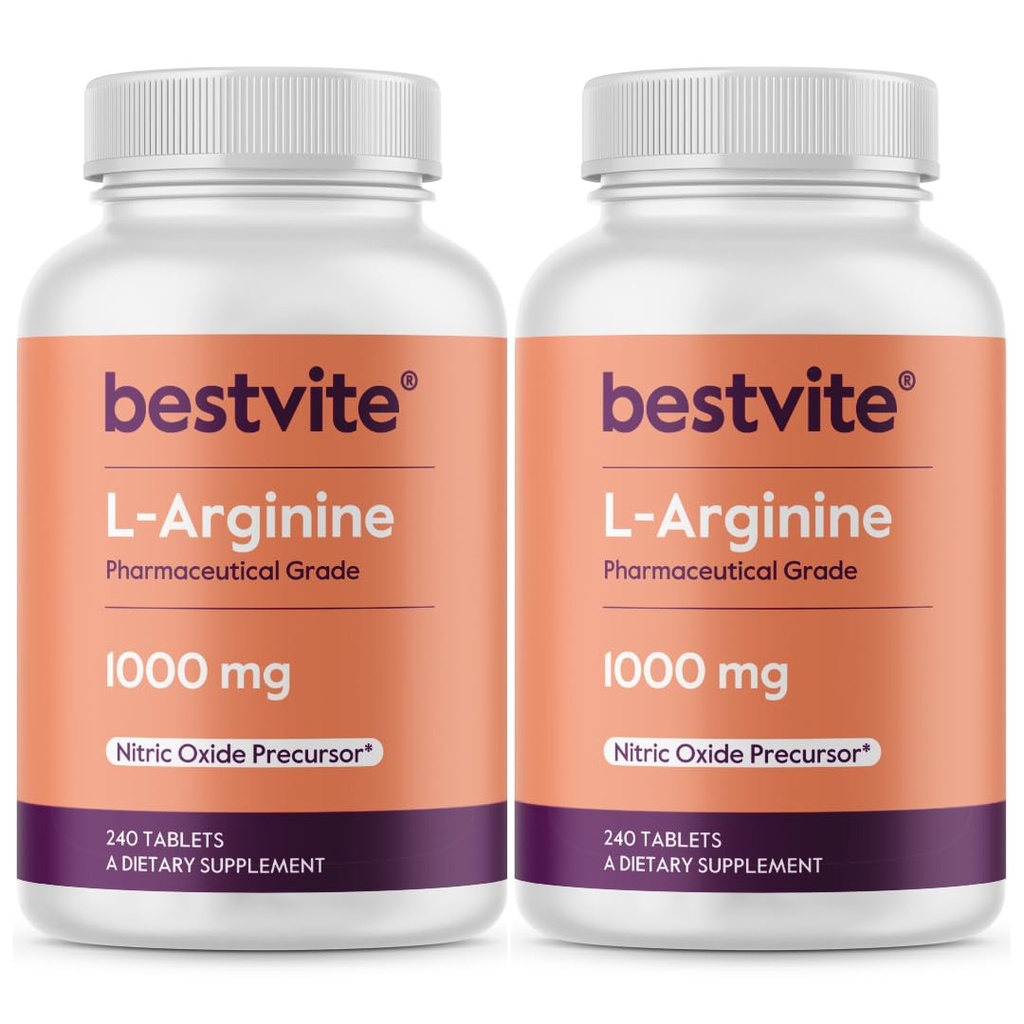 BESTVITE L- Αργινίνη 1000mg ανά δισκίο (480 δισκία) (240 x 2) – Φαρμακευτικός Βαθμός – Περιέχει 20% Περισσότερα Αμιγής Αργινίνη Σε σύγκριση με Αργινίνη HCl – Nitric Oxide Precursor*