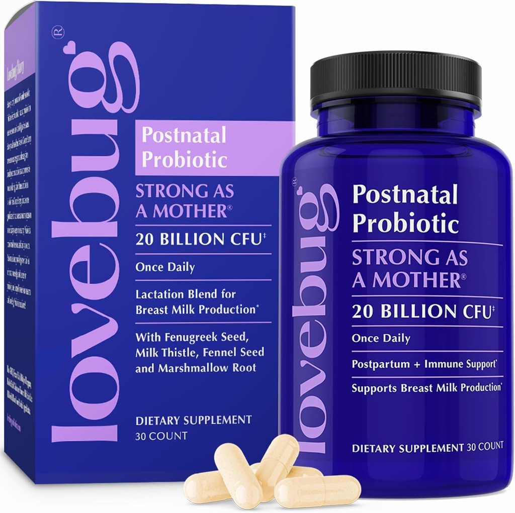 Lovebug Postnatal Probiyotikler - 20 Milyar CFUs - Fenugreek ile, Süt Butle & Fennel, Supports Mother Milk & Gut Health, Postpartum Essentials, 30 Capsules