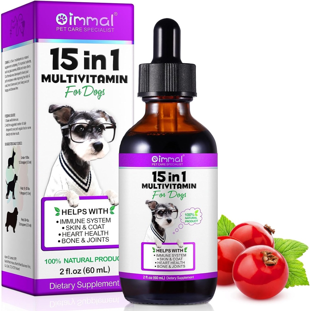 15 σε 1 Σκύλος πολυβιταμίνη, All-in-One Multi Liquid Multivitamin for Dogs, Dog Vitamins και συμπλήρωμα με Digestive, Ανοσία, Αλλεργία Skin & Coat Υποστήριξη, Hip & Joint, All Ages, Φυλή 2 oz
