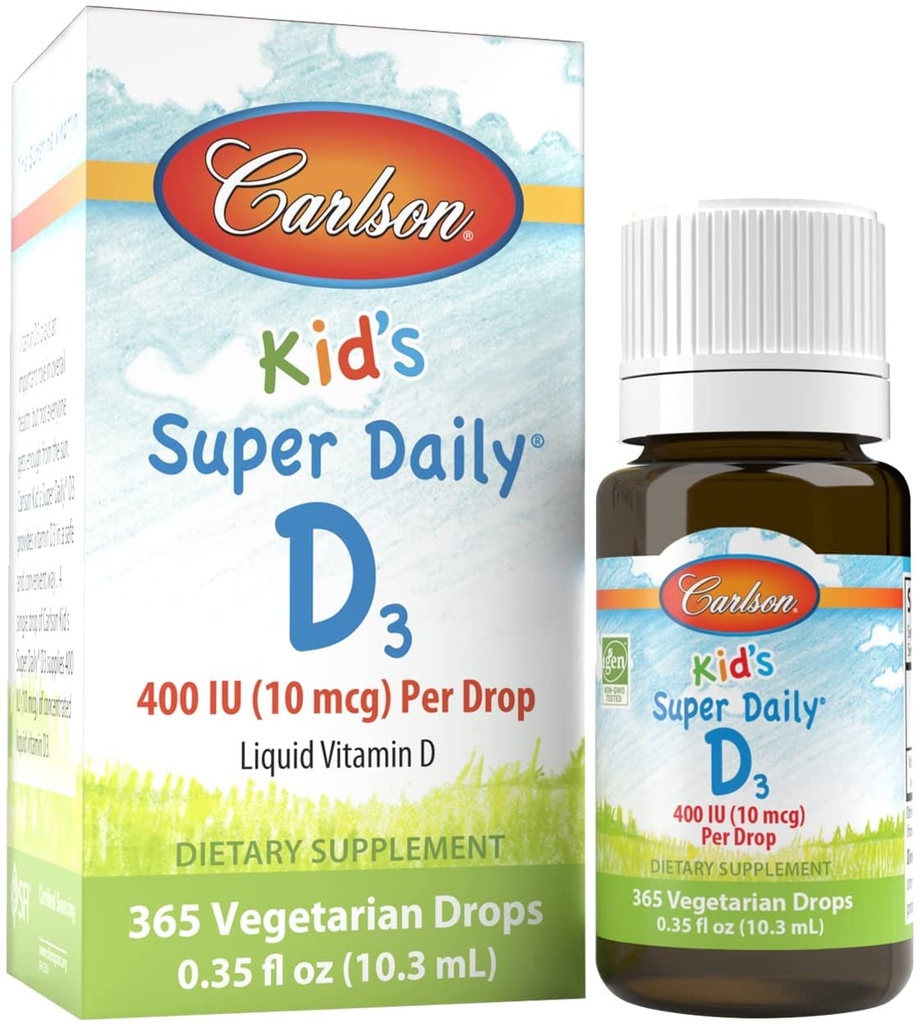 Carlson - Kid'in Super Daily D3, Çocuklar için D Drops, 400 IU per drop, 1- Yıl Supply, Heart & Immune Health, Vegetarian, Liquid Vitamin D Drops, Unflavored, 365 damla