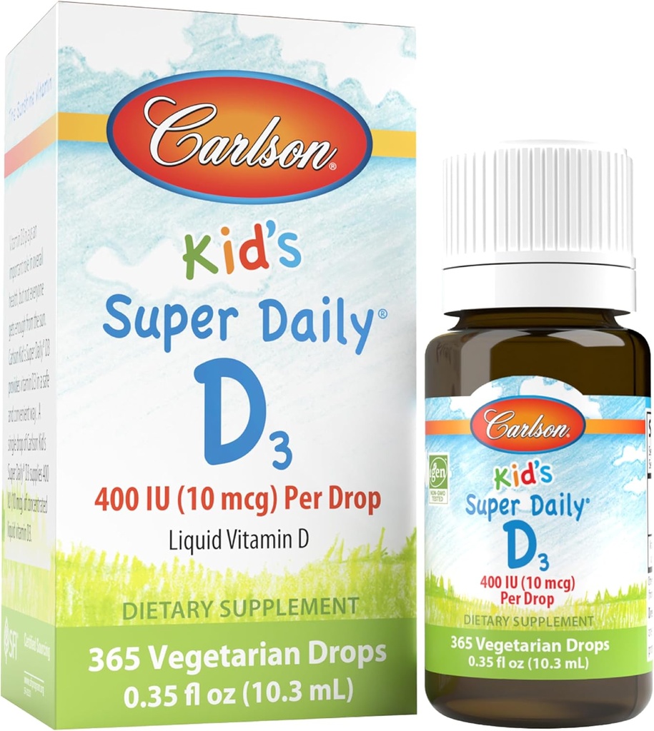 Carlson - Kid's Super Daily D3, Βιταμίνη D Σταγόνες για Παιδιά, 400 IU ανά σταγόνα, 1-Ετος Προμήθεια, Καρδιά & Ανοσολογική Υγεία, Χορτοφαγική, Υγρή Βιταμίνη D Σταγόνες, Άγευστη, 365 σταγόνες
