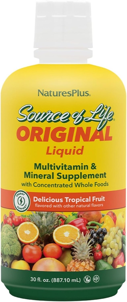 NaturesPlus Source of Life Liquid, Tropical Fruit - 30 fl oz - Multivitamin & Mineral Supplement - Gluten Free, Vegetarian - 30 Servings