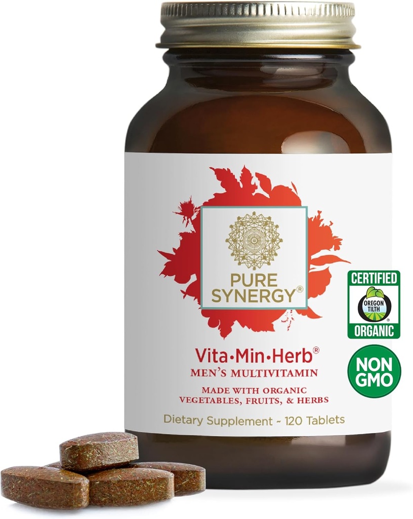 PURE SYNERGY Vita·Min·Herb for Men | Men's Comprehensive Multivitamin Supplement | Made with Organic Whole Food Non-GMO Materialss | Daily Energy & Immune Support (120 Tablet)