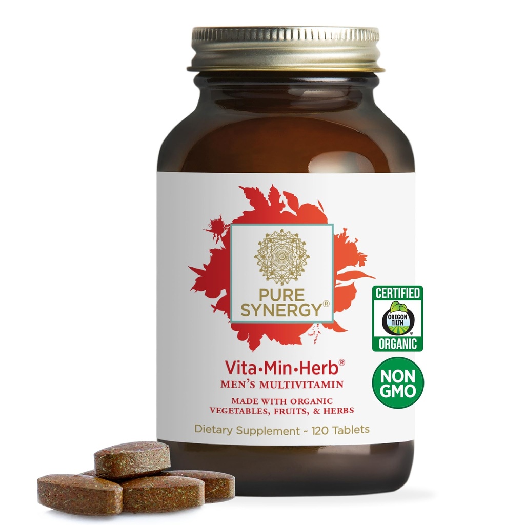 PURE SYNERGY Vita·Min·Herb for Men | Men's Comprehensive Multivitamin Supplement | Made with Organic Whole Food Non-GMO Materialss | Daily Energy & Immune Support (120 Tablet)