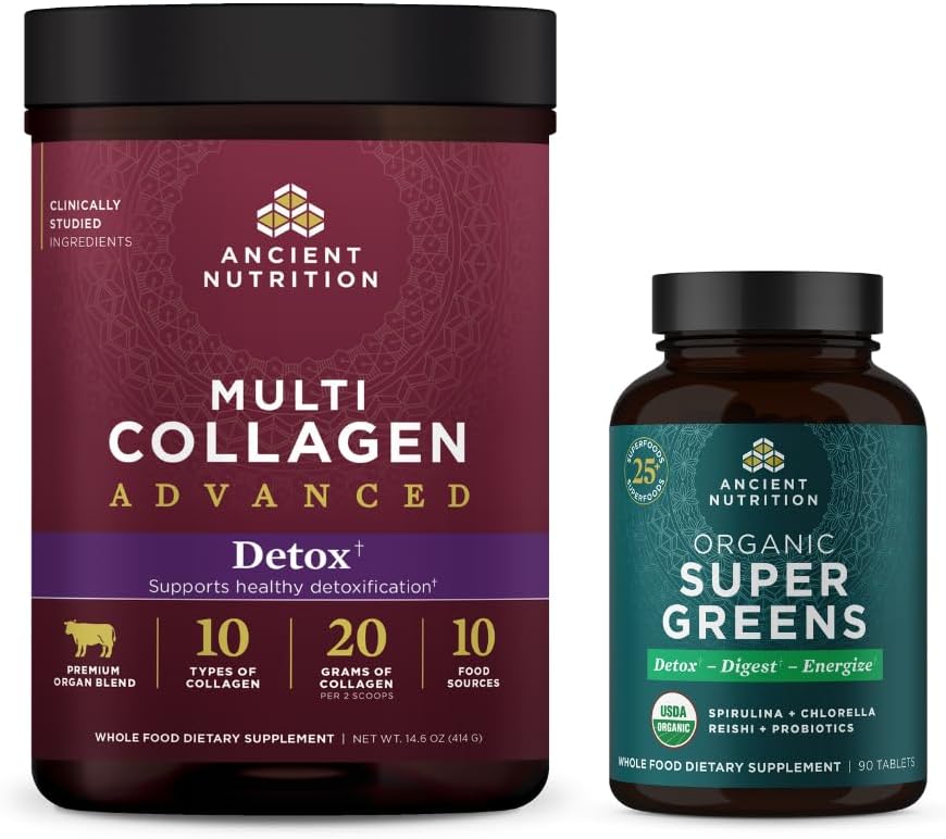 Eski Beslenme Multi Collagen Advanced Toz Cleanse & Detox, Unflavored, 36 Hizmet + Organik Süper Yeşiller Tablet 90 Kont