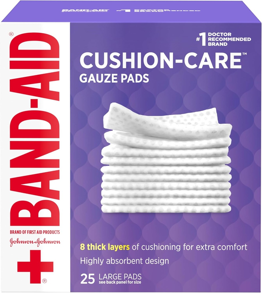 Band-Aid Brand Absorbent Cushion Care Sterile Square Gauze Pads for First Aid Protection of Minor Cuts, Boates & Burns, Non-Adhesive, Yara Bakımı Giyinme Padleri, Büyük, x 4 içinde, 25 ct