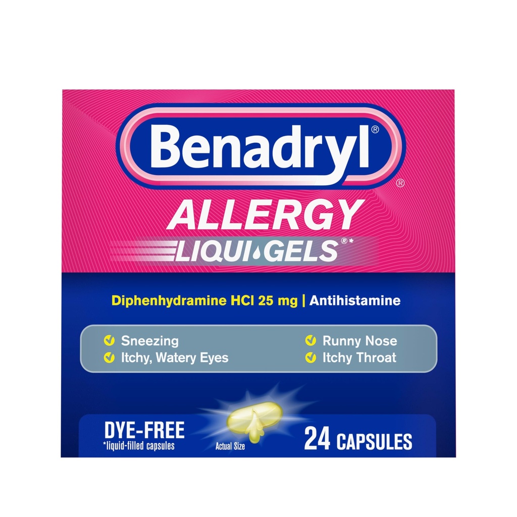 Benadryl Liqui-Gels Alerji ilacı, Dye-Free Liquid Gel Capsules 25 mg of Diphenhydramine HCl Antihtaminist for Relief of Antihamine Like Runny Nose & Sneezing, 24 ct