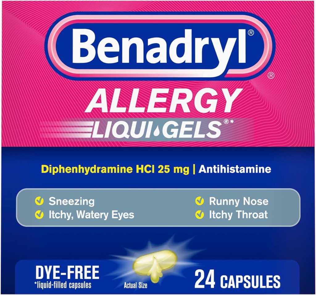 Benadryl Liqui-Gels Alerji ilacı, Dye-Free Liquid Gel Capsules 25 mg of Diphenhydramine HCl Antihtaminist for Relief of Antihamine Like Runny Nose & Sneezing, 24 ct