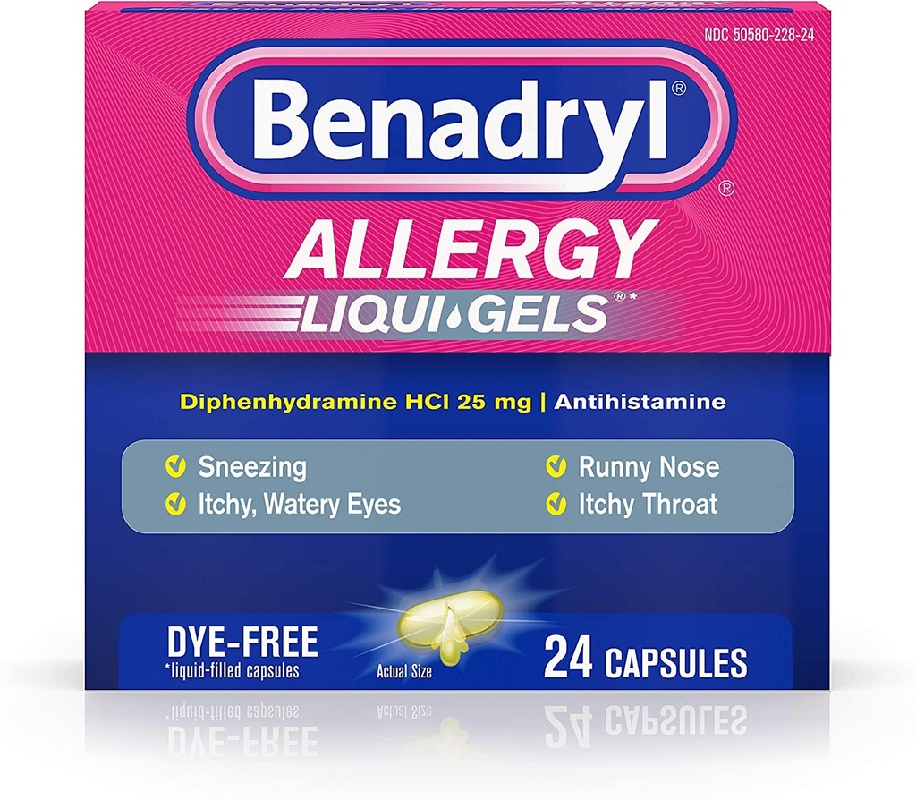 Benadryl Liqui-Gels Alerji ilacı, Dye-Free Liquid Gel Capsules 25 mg of Diphenhydramine HCl Antihtaminist for Relief of Antihamine Like Runny Nose & Sneezing, 24 ct