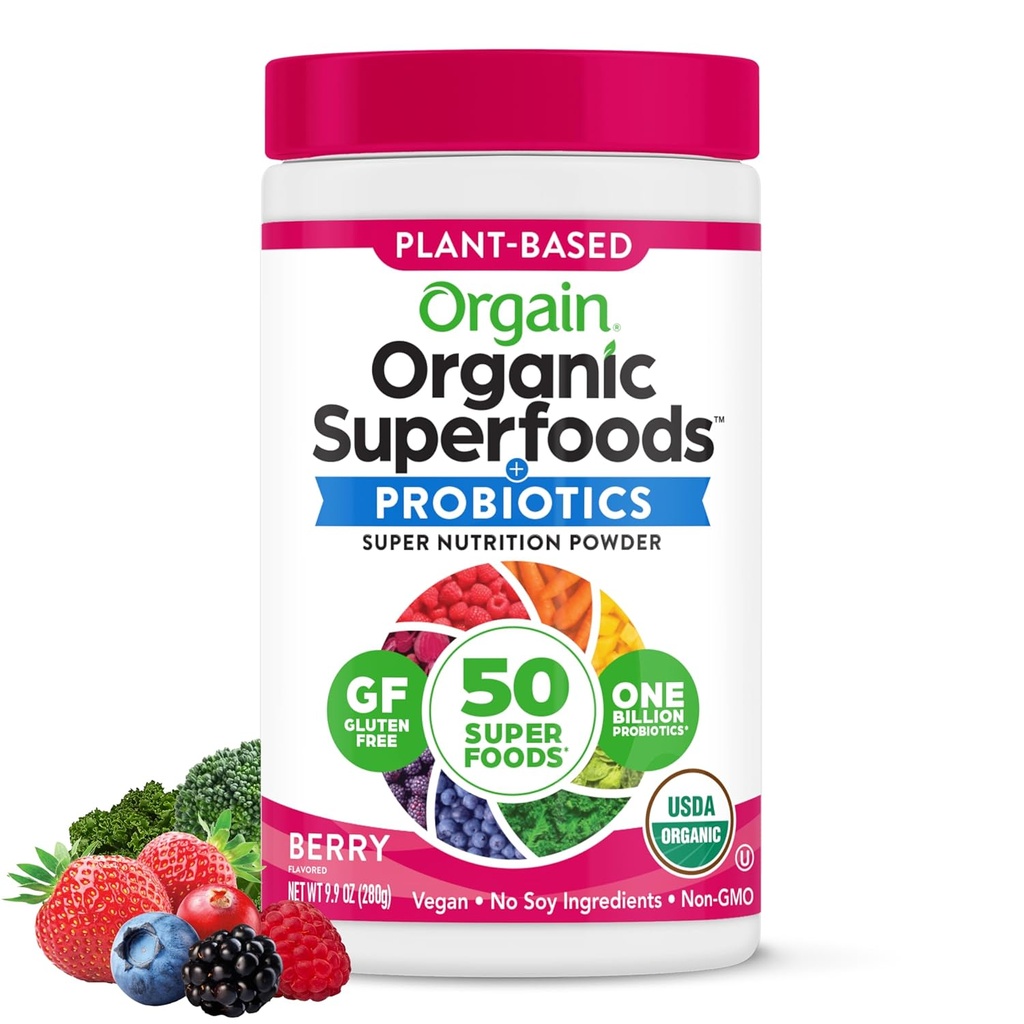 Orgain Organic Greens Powder + 50 Superfoods, Berry - 1 δις προβιοτικά για Digestive Health, Antioxidants, Vegan, Plant-based, Gluten-free, Non-GMO, Green Juice & Smoothie Drink Mix - 0,62lb