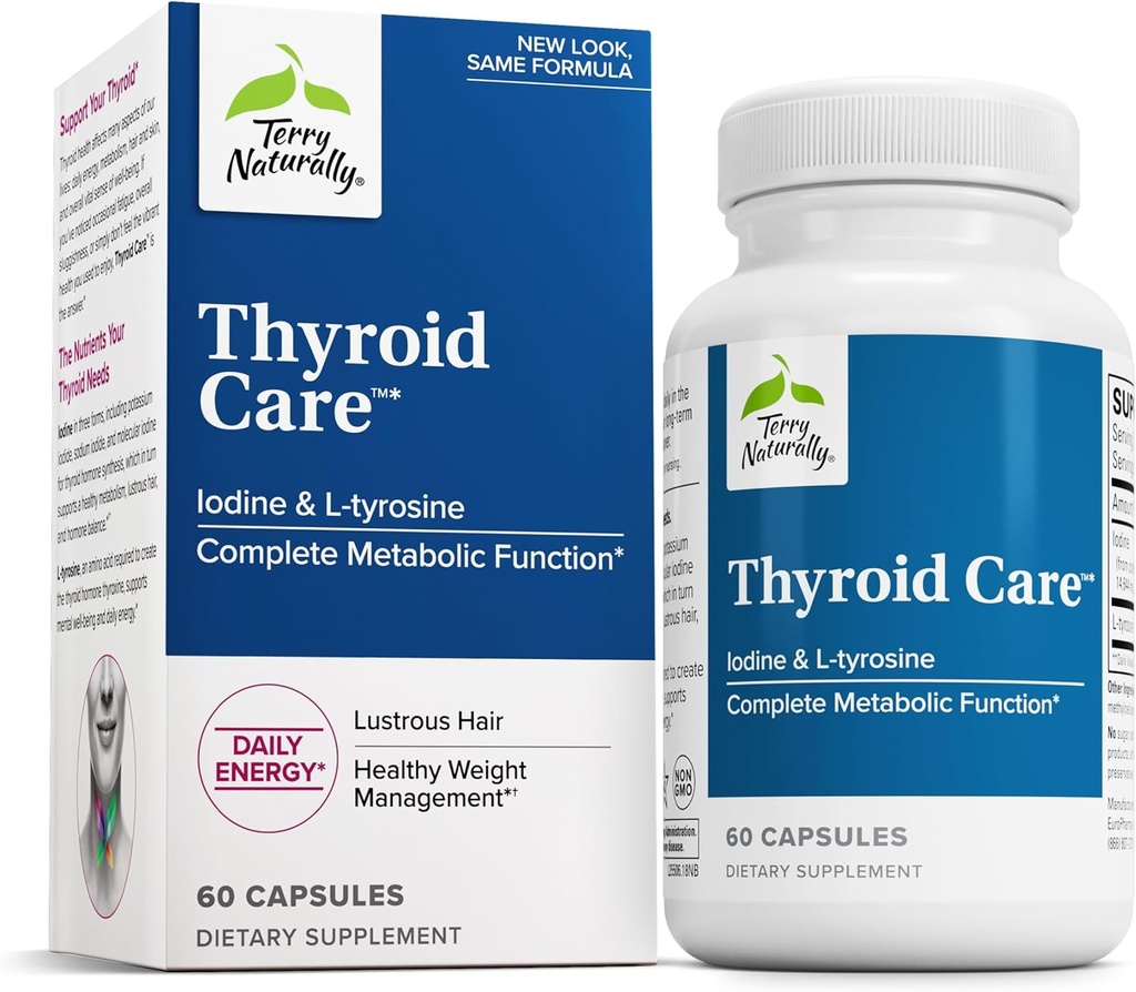 Terry Naturally Thyroid Care - Immune Health & Energy Support Formula - Nutritional Supplement with Iodine for Thyroid Health Support - Wellness Supplement with L-Tyrosine - 60 Capsules