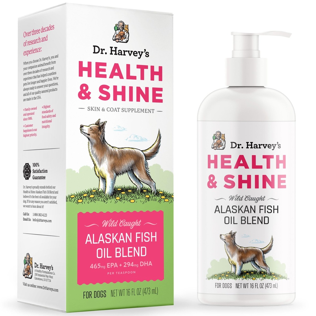 Dr. Harvey's Health & Shine Alaskan Fish Oil Blend for Dogs - Υποστηρίζει την υγιή καρδιά, τον εγκέφαλο και τα μάτια (16 fl. oz.)