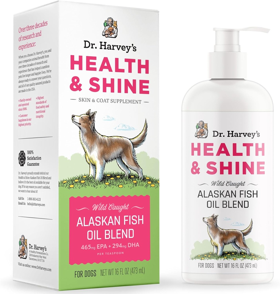 Dr. Harvey's Health & Shine Alaskan Fish Oil Blend for Dogs - Υποστηρίζει την υγιή καρδιά, τον εγκέφαλο και τα μάτια (16 fl. oz.)